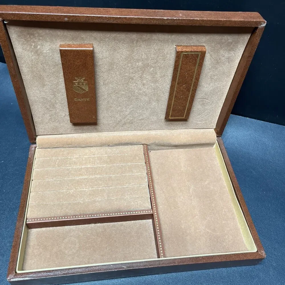Vintage Dante Mens Jewelry Box Valet Box Faux Brown Leather, Swords & Crown